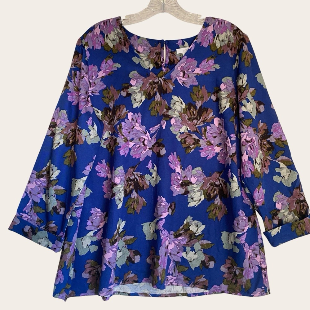 J.Jill Tunic Top Sz M Cobalt Blue Floral Round Neck 3/4 Sleeve Casual Chic Boho